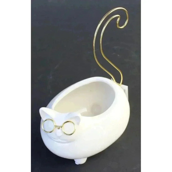 New White Gold Ceramic Groovy Cat W/ Glasses Trinket Dish Vase Coin Jewelry Tray - Picture 3 of 4